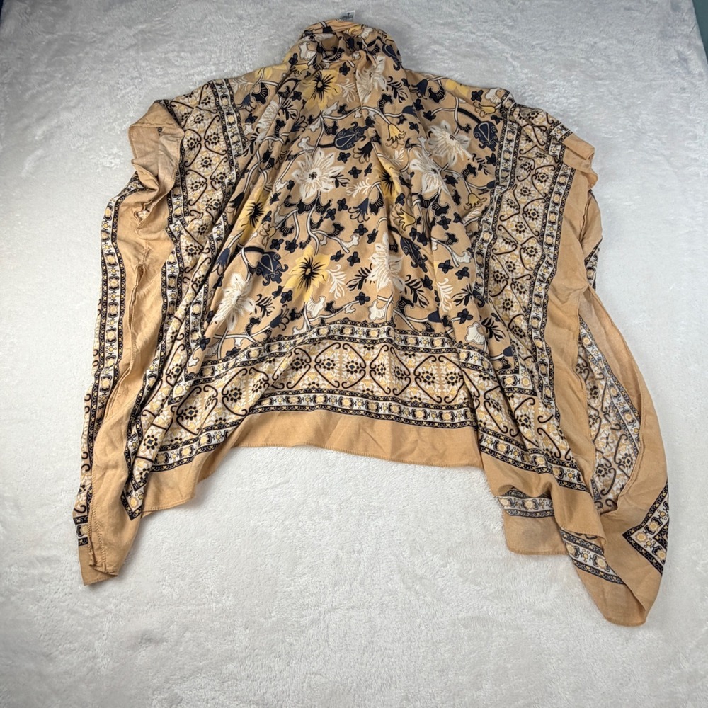 Time and Tru Floral Kimono Wrap Tan Yellow Navy Blue Boho Open Front L/XL